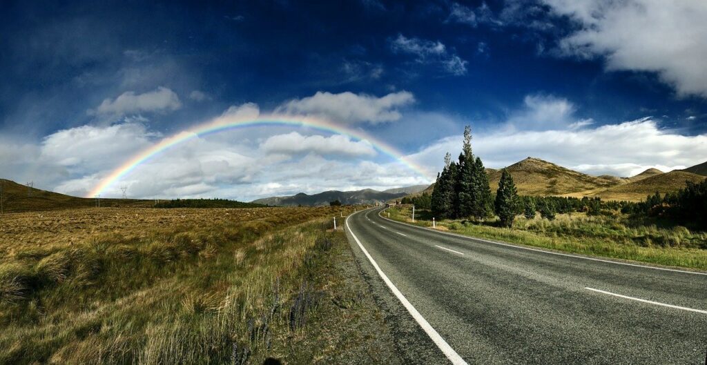 rainbow, road, fields-1149610.jpg